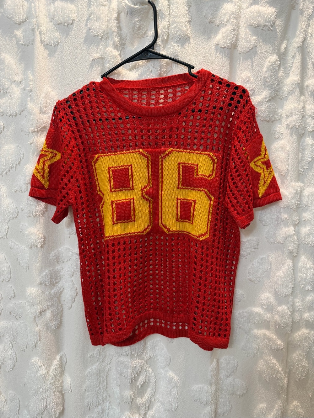 Red Knit Mesh Tee with Yellow '86' Graphic